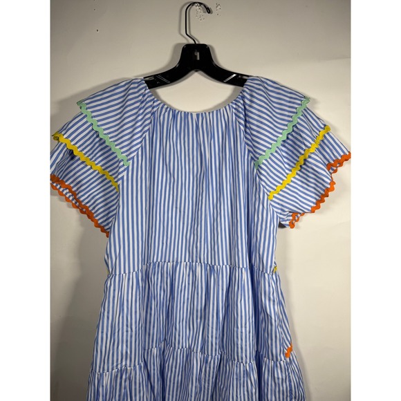 Entro Blue White Stripe Ric Rac Trim Tiered Flutter Sleeve Mini Dress Medium - Picture 7 of 11